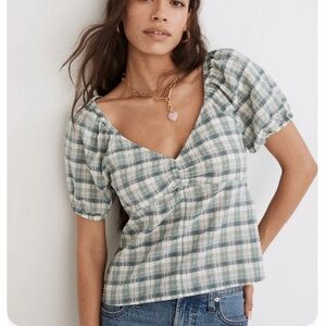 Madewell Green Plaid Puff-Sleeve Ruched Bodice Top Size S Pretty Cottage Picnic